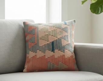 Upcycled Turkish Kilim Pillow Cover, Boho Tribal Cushion 16x16