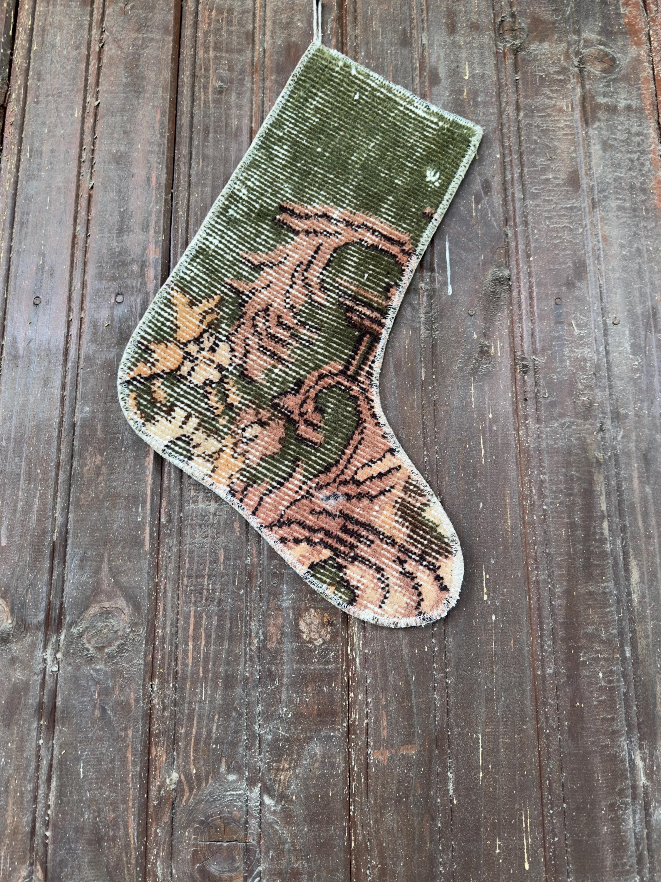 Vintage Turkish Rug Christmas Stocking, Earthy Olive Green Scroll, Dusty Rose Apricot, 12.6x14.6 in – view 7