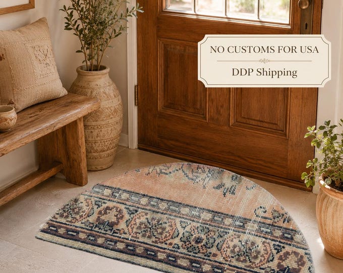 Semicircle Rug, Vintage Turkish Isparta, Handwoven Wool Floral, Distressed Blush Peach, 1.5x2.5 ft
