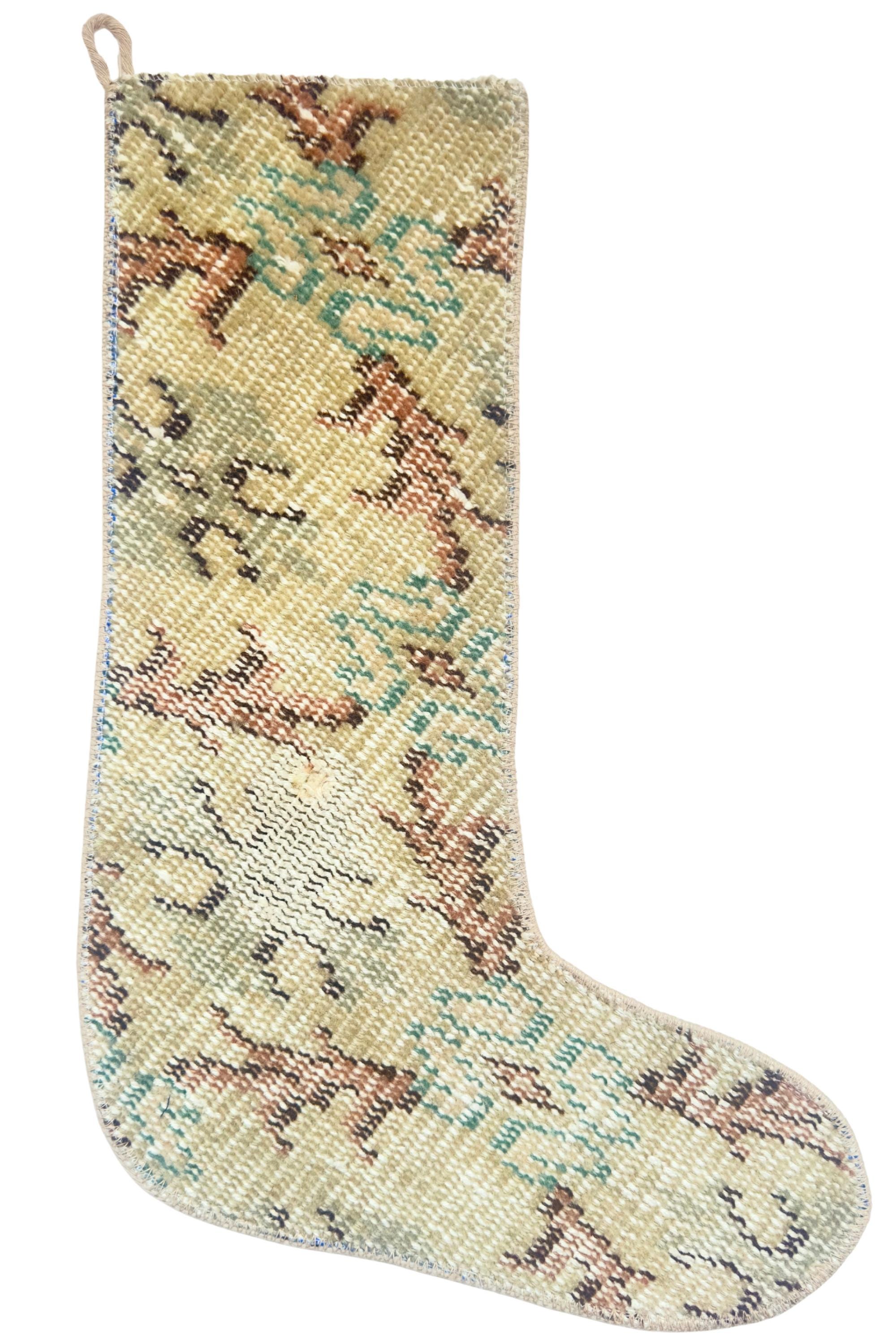 Turkish Rug Christmas Stocking, Handmade Vintage Anatolian Wool, Faded Beige Geometric, Boho Fireplace Decor – view 3