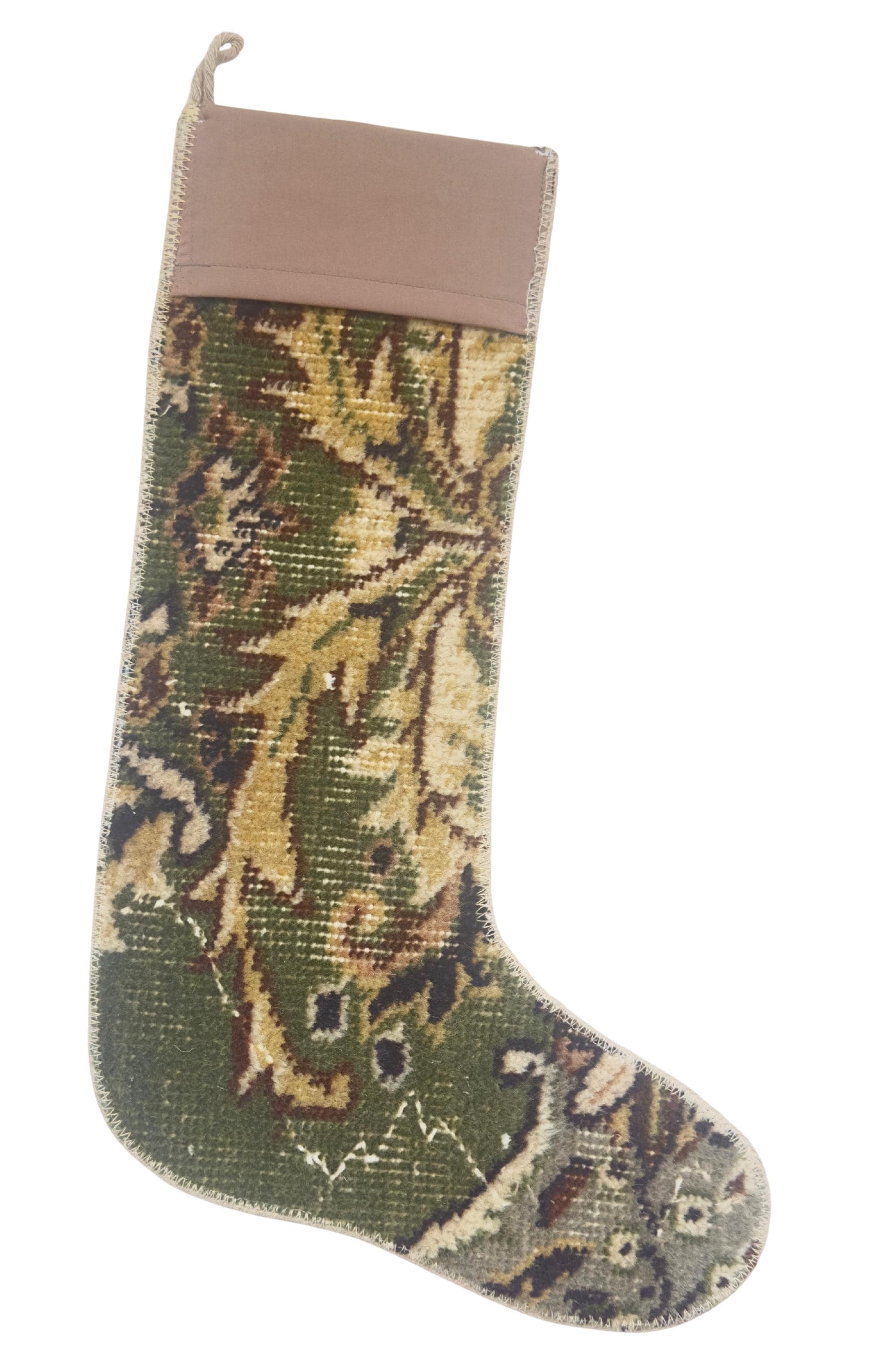 Turkish Rug Christmas Stocking, Vintage Wool Kilim, Forest Green Gold Mauve Boho Fireplace Decor – view 3