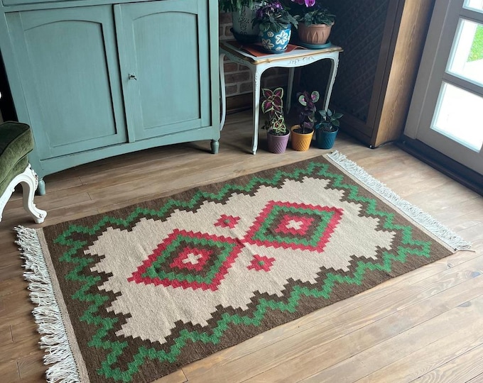 Handwoven Wool on Wool Vintage Kilim Rug – Red, Brown, Green & Beige – Crafted by Village Women as a Living Tradition - Vintage Kilim