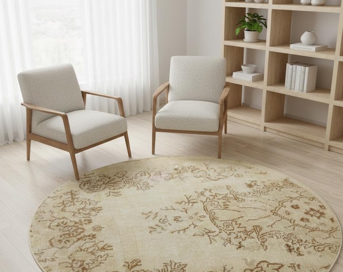 Vintage Turkish Wool Circle Rug • Beige Oushak Round 103 cm