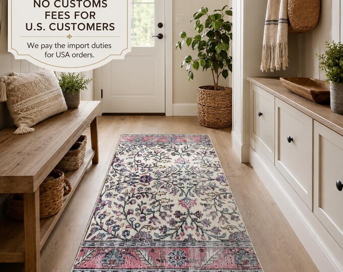 Turkish Runner Rug, Vintage Isparta Handwoven Wool Floral, Distressed Ivory Pink Blue, 2.7x5.7 ft