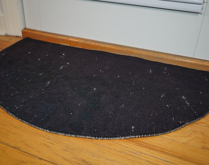 Vintage Black Wool Rug: Small Semicircle Turkish Oushak Doormat