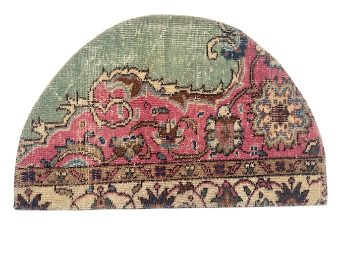 Vintage Isparta Semicircle Rug, Handwoven Turkish Wool Doormat, Sage Green Fuchsia Floral, Half Moon,