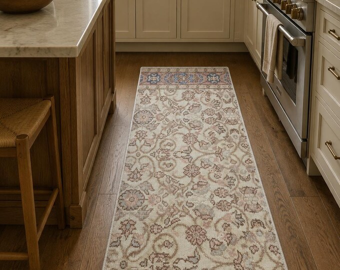 Vintage Turkish Isparta Rug, Handwoven Wool Allover Floral Vine, Distressed Ivory Taupe Blush,