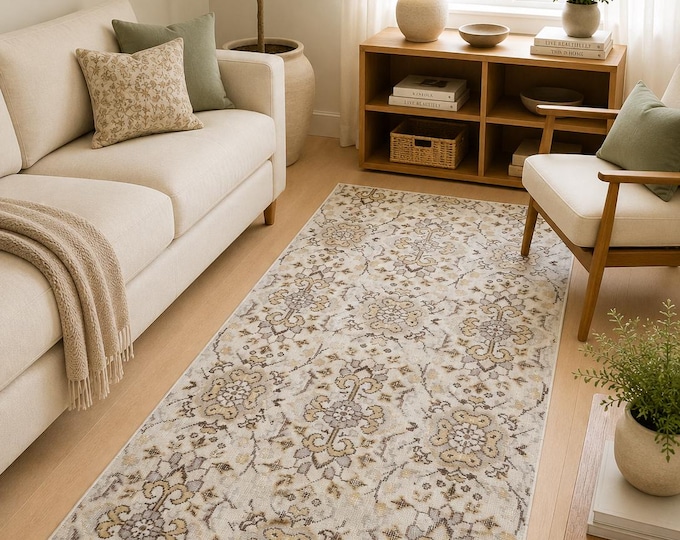 Turkish Area Rug, Vintage Isparta Handwoven Wool Medallion, Distressed Ivory Gold Grey, 2.8x5.5 ft