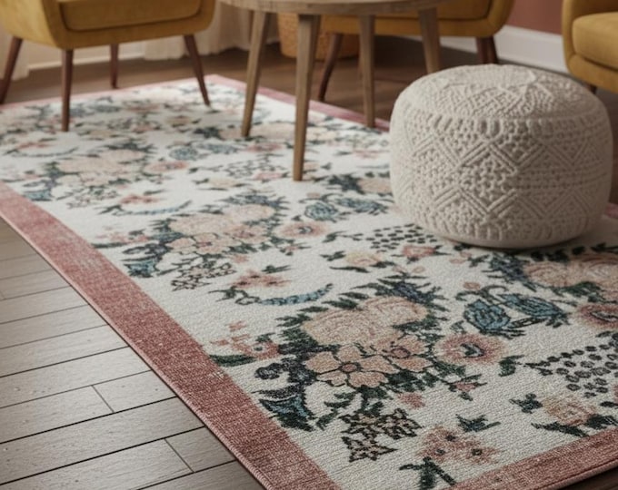 Vintage Hand Knotted Turkish Rug 42×81 in (3.5×6.8 ft) | Ivory Pink Floral Wool Carpet | Boho Farmhouse Living Room | Free DDP Shipping