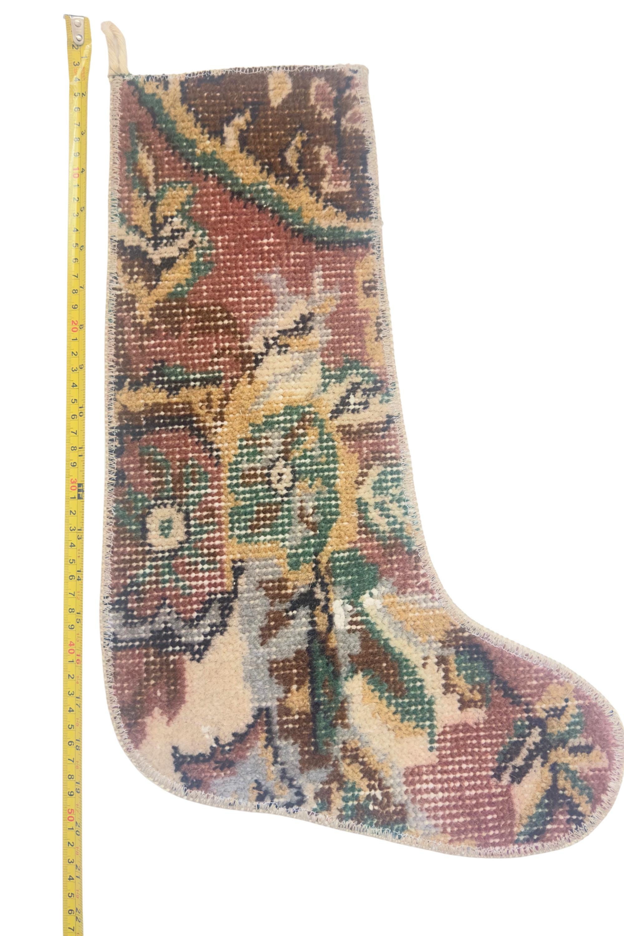 Turkish Rug Christmas Stocking, Handmade Vintage Anatolian Wool, Madder Red Floral, Boho Fireplace Decor – view 6