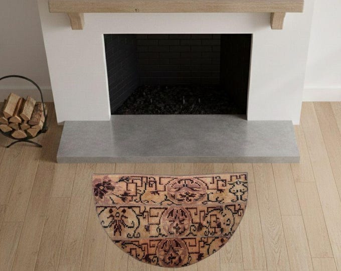 19.3x32.7 Inch Vintage Turkish Patchwork Semicircle Rug, Wool Half Round Entryway Mat