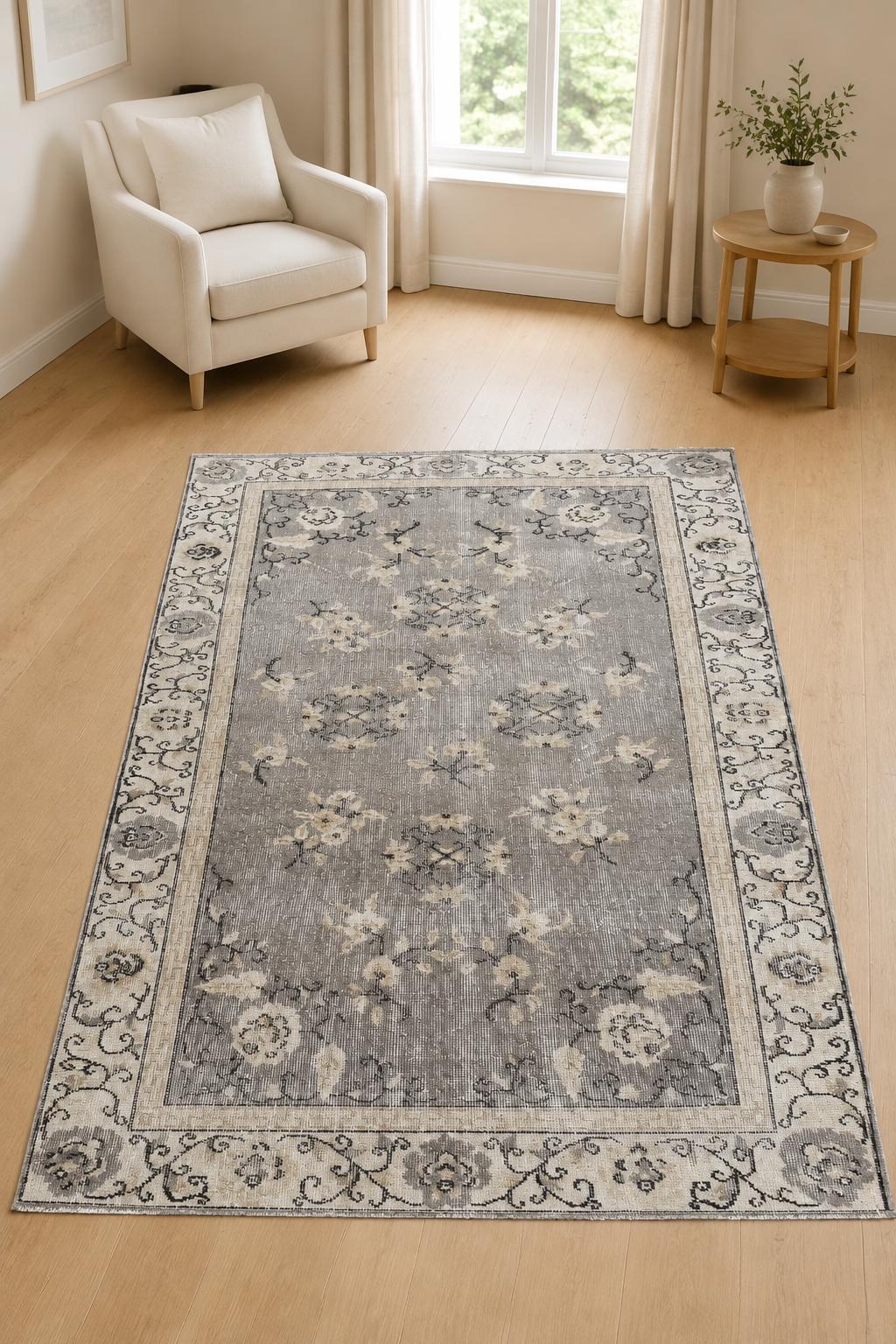 Vintage Turkish Area Rug, 3.7x6.9 ft, Warm Gray Ivory, Floral Bouquet Scatter