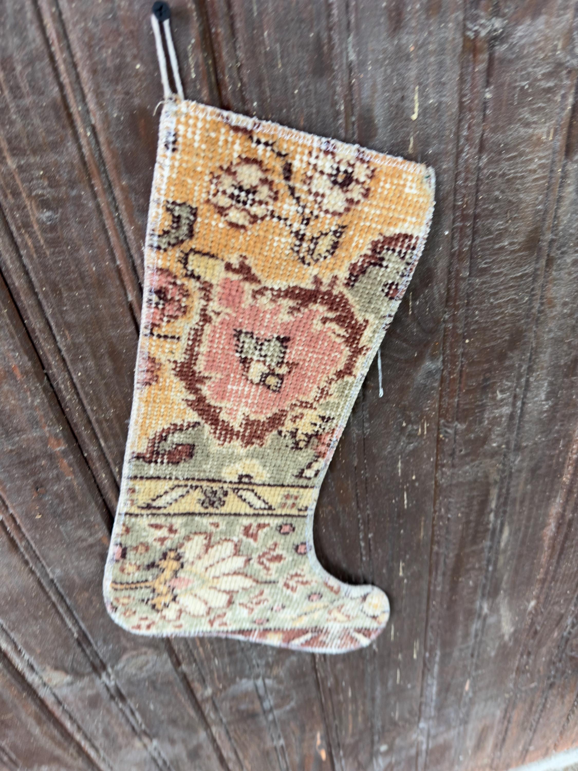 Vintage Turkish Rug Christmas Stocking, Farmhouse Floral Medallion, Mustard Pink Sage, 12.2x18.5 in – view 5
