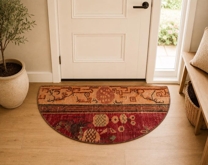 Semicircle Rug, Vintage  Handwoven Wool Half Moon, Distressed Terracotta Red Geometric, 1.4x2.5 ft