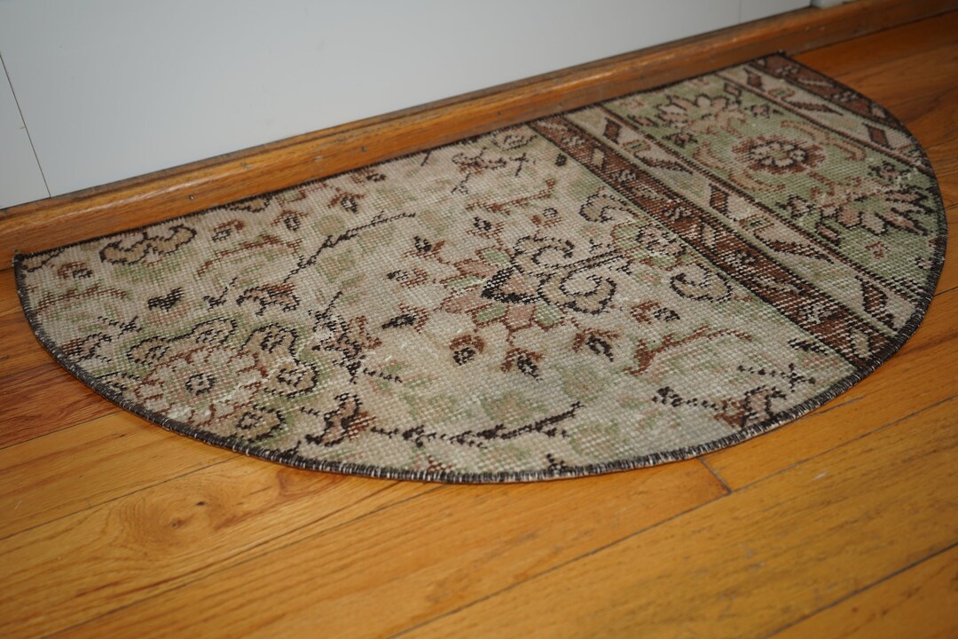 Floral Wool Half Circle Rug: Small Vintage Turkish Doormat - Etsy