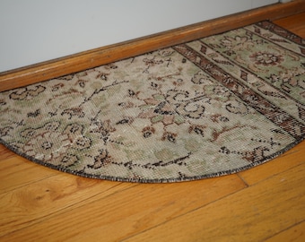 Floral Wool Half Circle Rug: Small Vintage Turkish Doormat