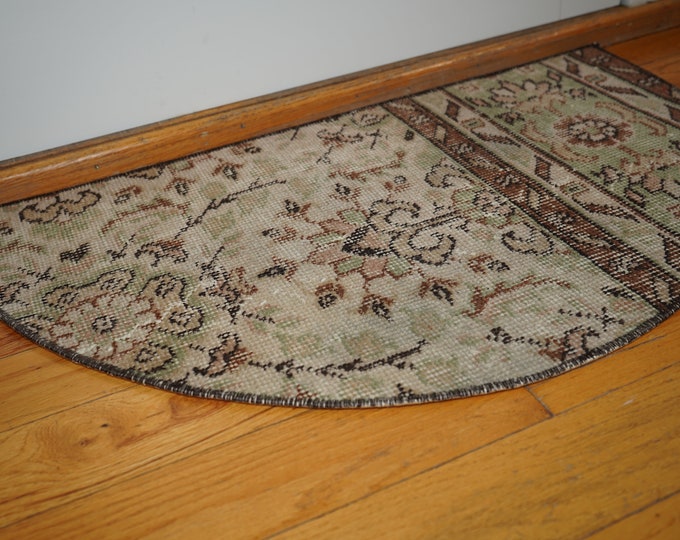 Floral Wool Half Circle Rug: Small Vintage Turkish Doormat