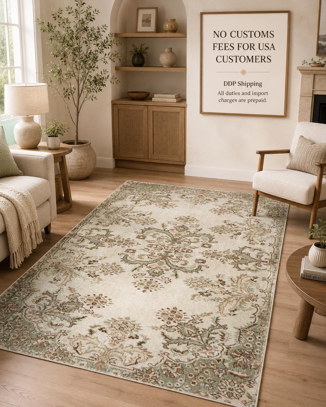 Vintage Turkish Isparta Rug 1979, Hand-Knotted Wool Floral, Ivory Sage Green, 3.6x6.3 ft