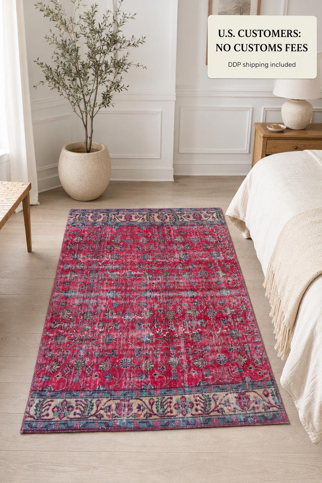 Vintage Turkish Isparta Area Rug, Hand-Knotted Wool Floral, Faded Crimson Pink, 117x183 cm