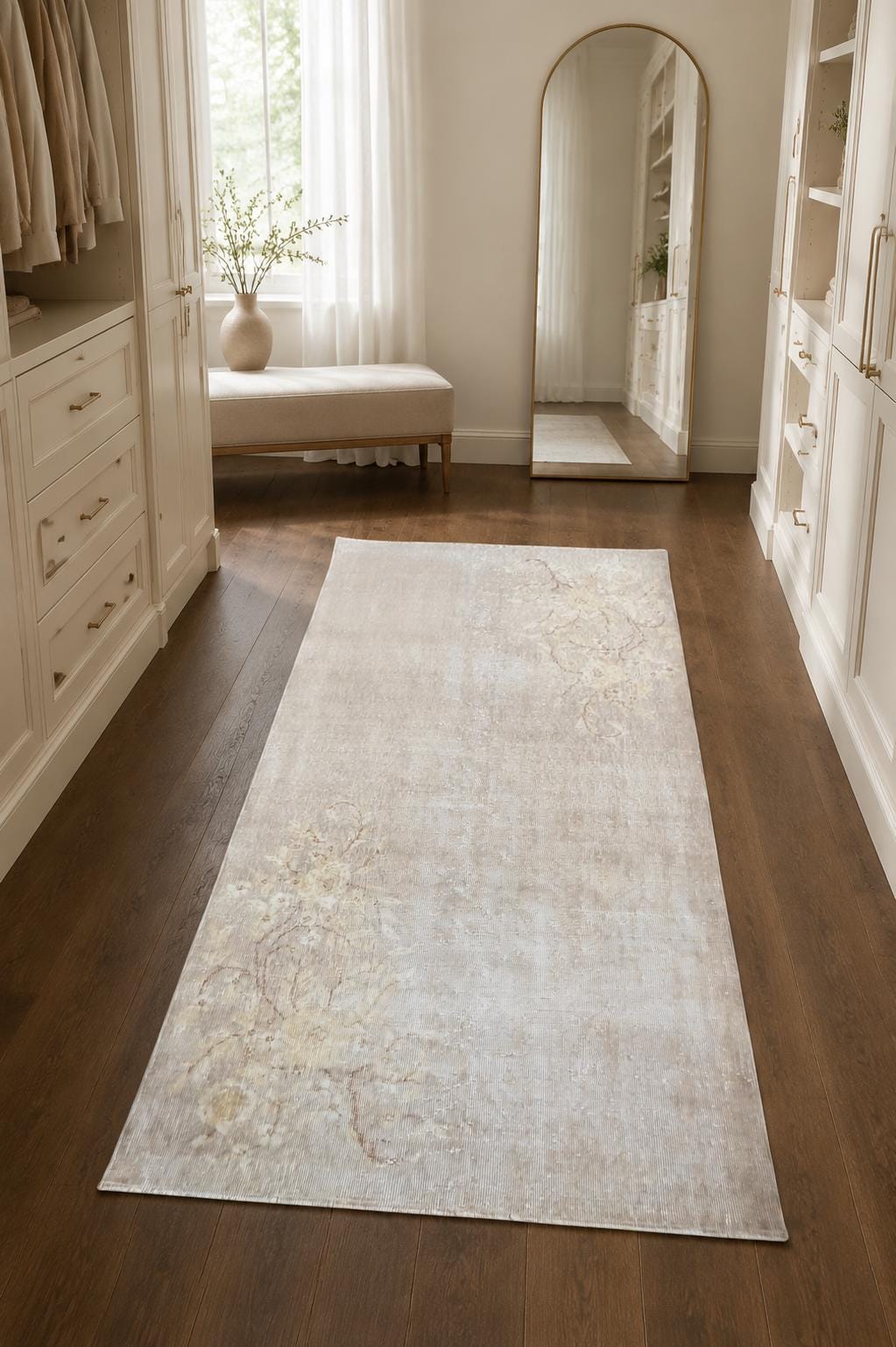 Vintage Turkish Area Rug, Hand-Knotted Wool Corner Rose Vine, Muted Ivory Beige, 3.8x6.7 ft