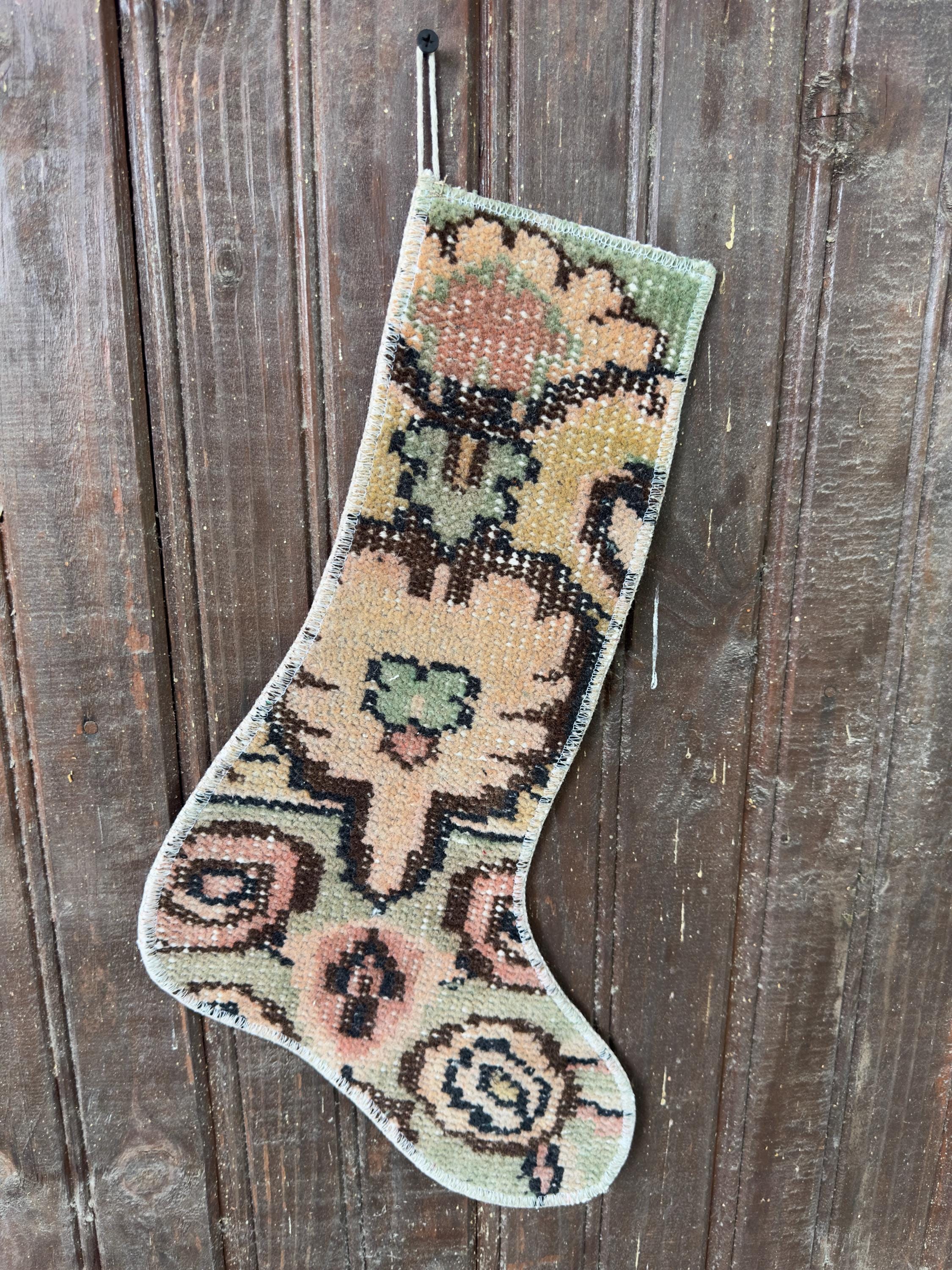 Vintage Turkish Rug Christmas Stocking, Large Peach Flower, Sage Salmon Mustard Brown, 11.8x16.1 in – view 4