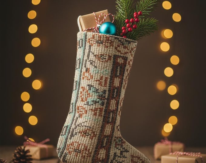Vintage Rug Christmas Stocking – Upcycled Carpet – Green Beige Boho Decor