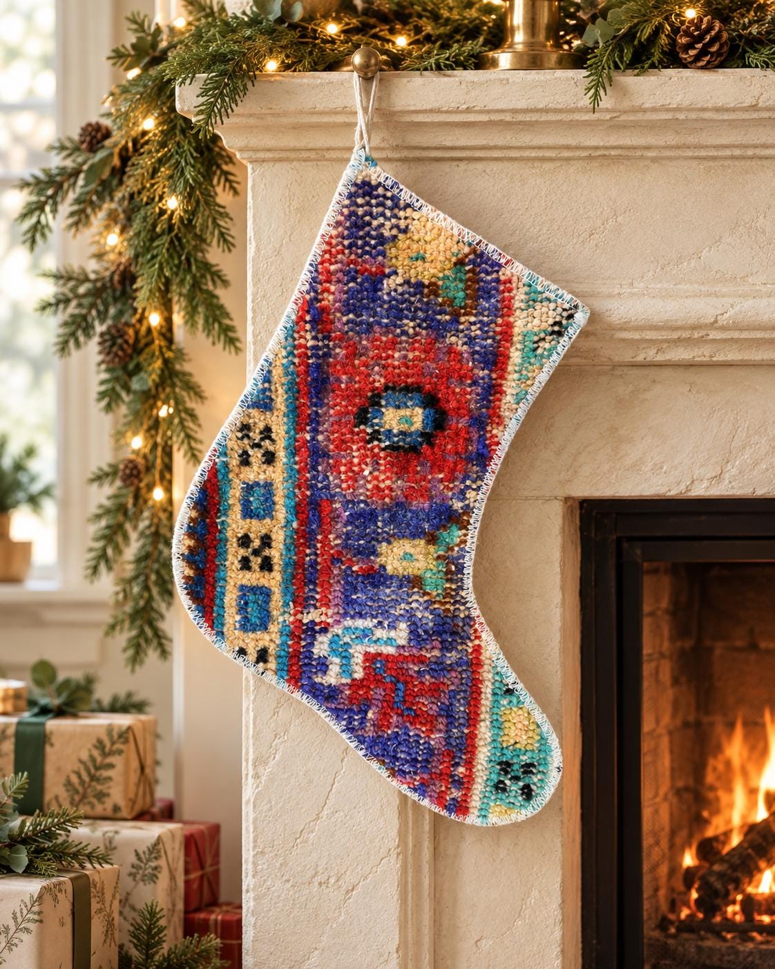 Vintage Turkish Rug Christmas Stocking, Handmade Boho Red Navy Decor, 11.8 in