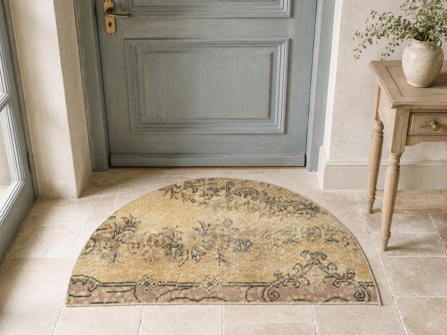 Vintage Turkish Semicircle Rug, Handwoven Wool Floral Scrollwork, Beige Brown Pink, 1.6x2.7 ft