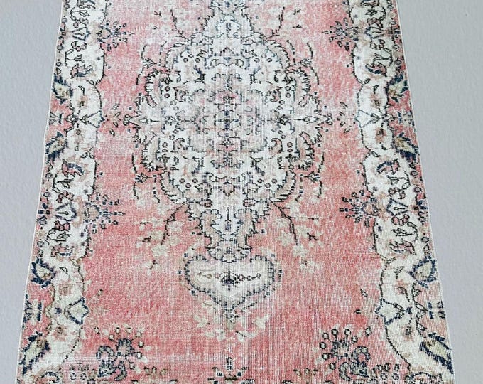 Vintage Turkish Wool Rug (3x7 ft): Handmade Pink Oushak Rug