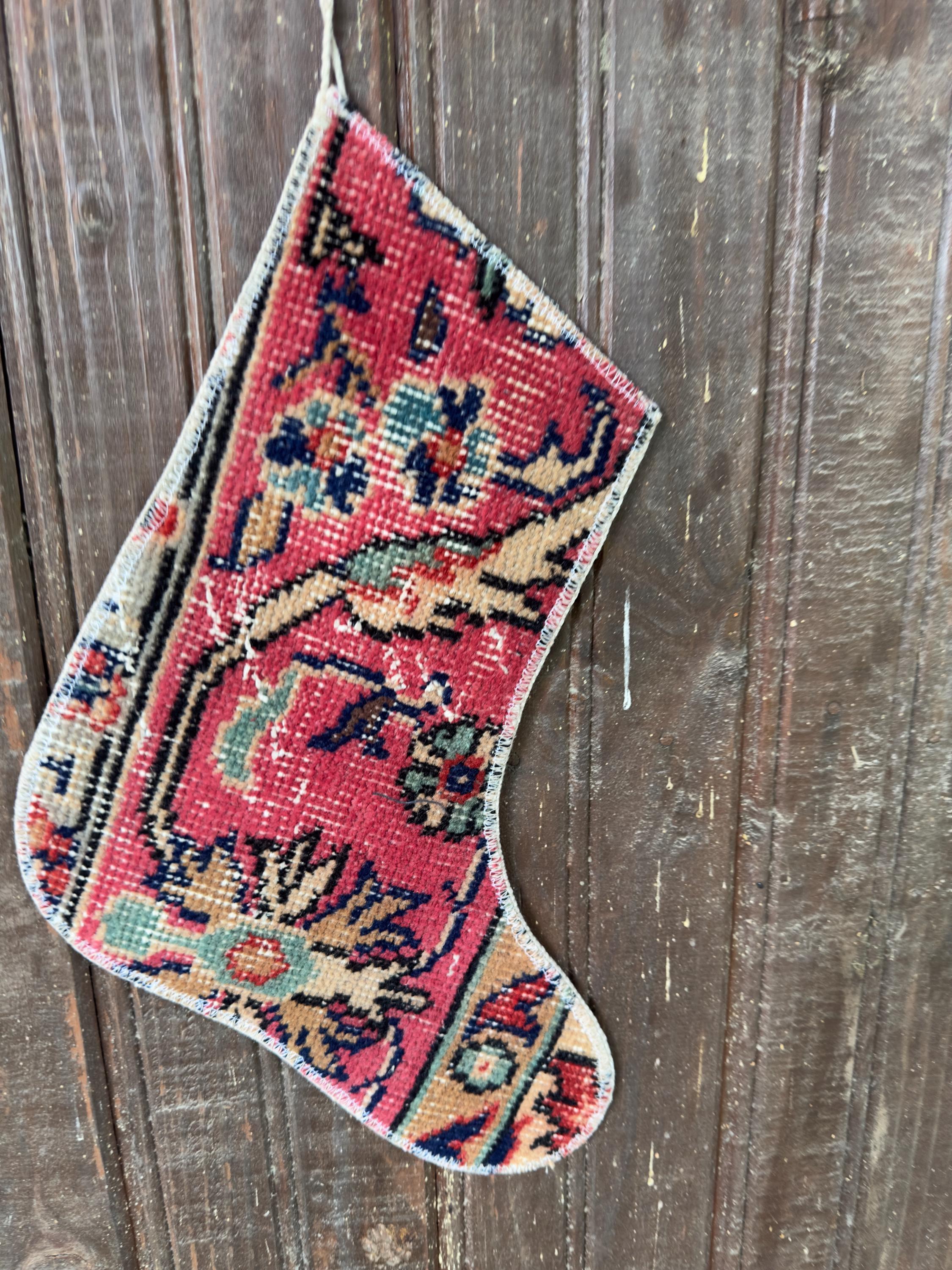 Vintage Turkish Rug Christmas Stocking, Rose Red Navy Floral, Cream Camel Sage, 12.6x11.8 in – view 5