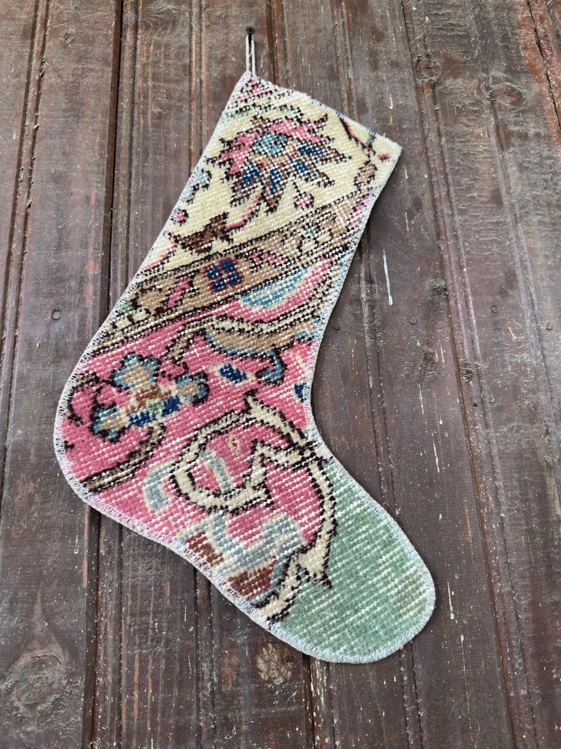 Christmas Stocking, Vintage Turkish Rug, Floral Cream Pink Taupe Mint Green, 16 in in cream, pink, green, central motif detail