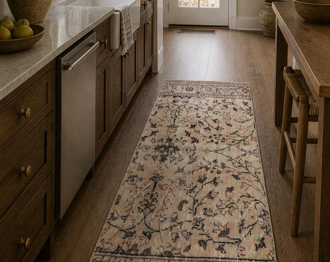 Turkish Runner Rug, Vintage Isparta Handwoven Wool Floral, Distressed Beige Brown, 2.5x6 ft