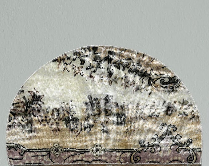 Vintage Wool Turkish Half Circle Rug: Beige Floral Entryway Doormat