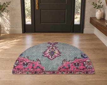Vintage Turkish Semicircle Rug, Half Moon Doormat, Pink Teal Cream, Entryway Rug, 19x30 in