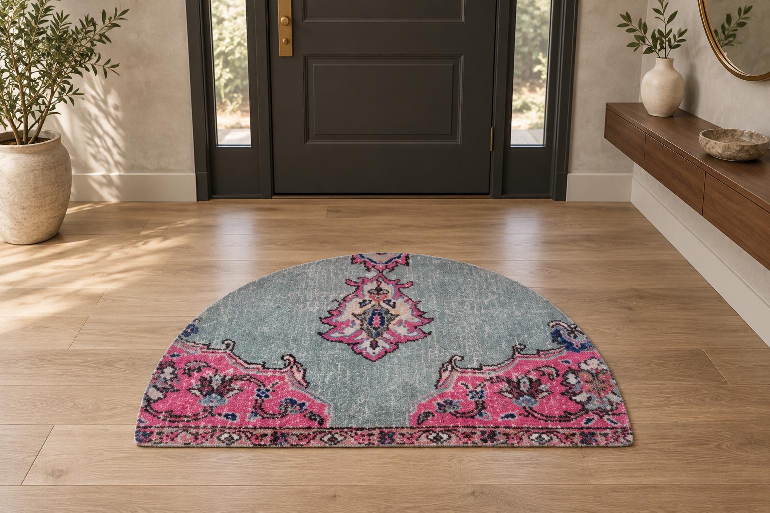 Vintage Turkish Semicircle Rug, Half Moon Doormat, Pink Teal Cream, Entryway Rug, 19x30 in