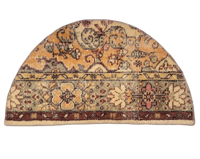 Semicircle Oushak Turkish Vintage Wool Entry Area Handmade Boho Bathroom Bedroom Livingroom Decor