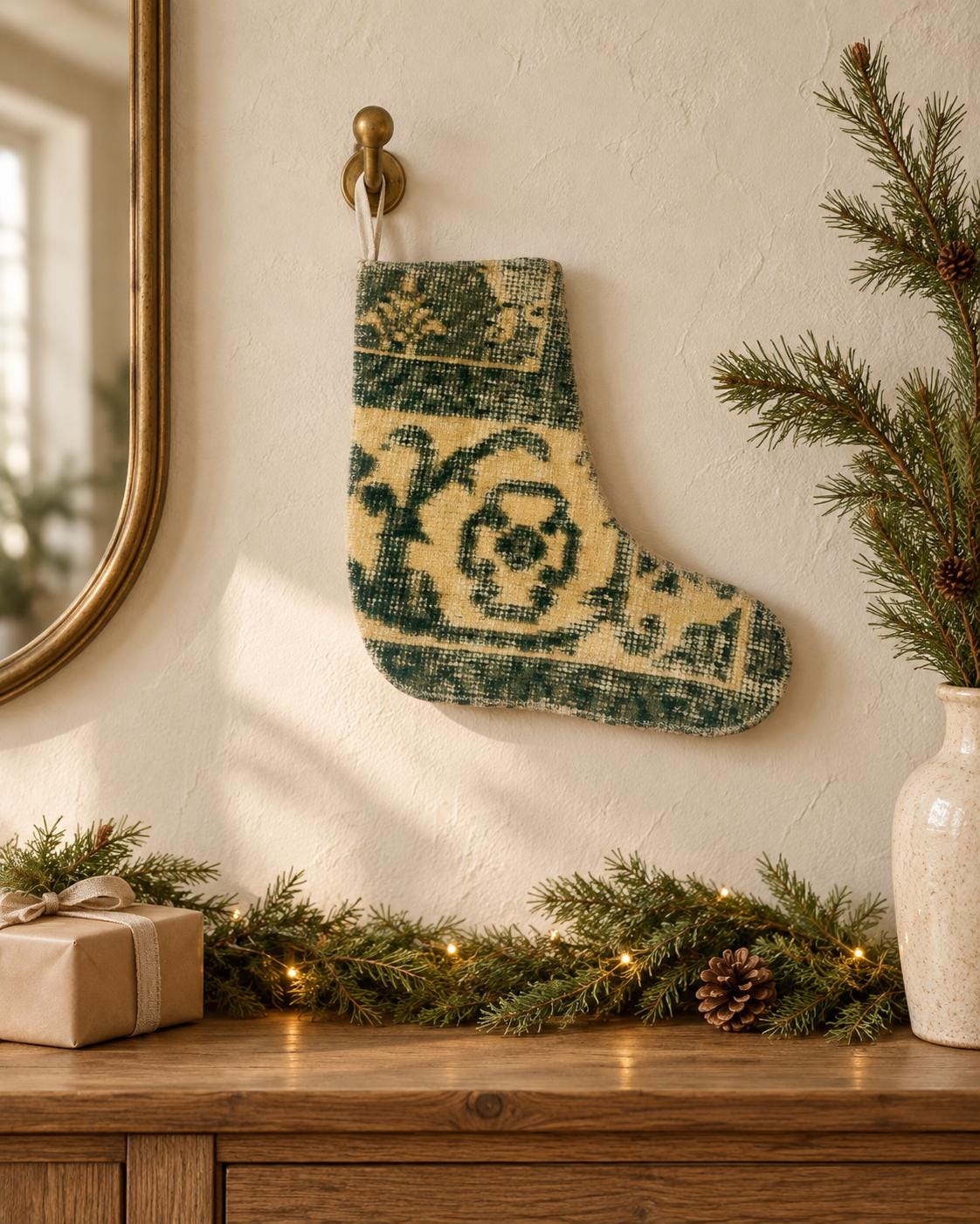 Christmas Stocking, Vintage Turkish Rug, Oushak Floral Medallion Ivory Teal, 12.2 in