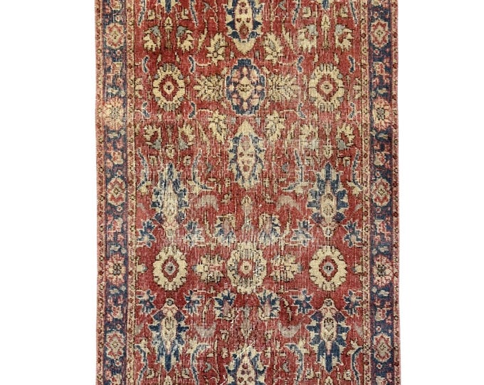 Vintage Turkish Area Rug 34x76 Inch Hand Knotted Wool