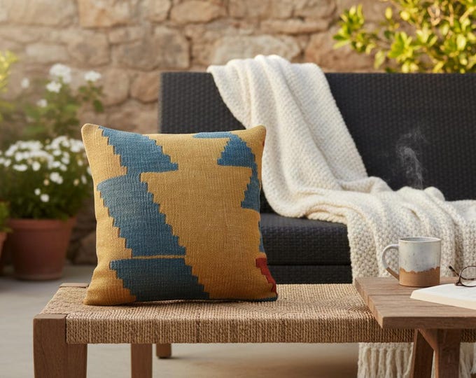 Mustard Blue Kilim Pillow Cover 16x16 | Geometric Wool Cushion | USA Stock