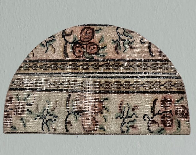 Vintage Floral Wool Turkish Rug: Half Circle Doormat