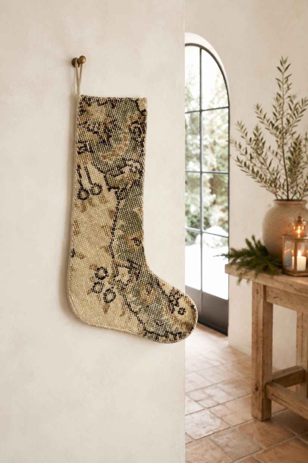 Turkish Rug Christmas Stocking, Handmade Vintage Anatolian Wool, Boho Fireplace Decor, Sage Green