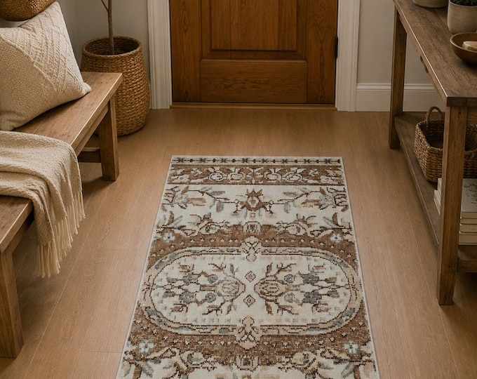 Vintage Turkish Isparta Rug, Handwoven Wool Floral Medallion, Distressed Ivory Brown, 2.2x3.9 ft
