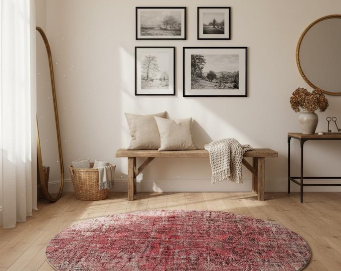 Vintage Turkish Wool Circle Rug: Pink & Red Home Decor (4 ft)