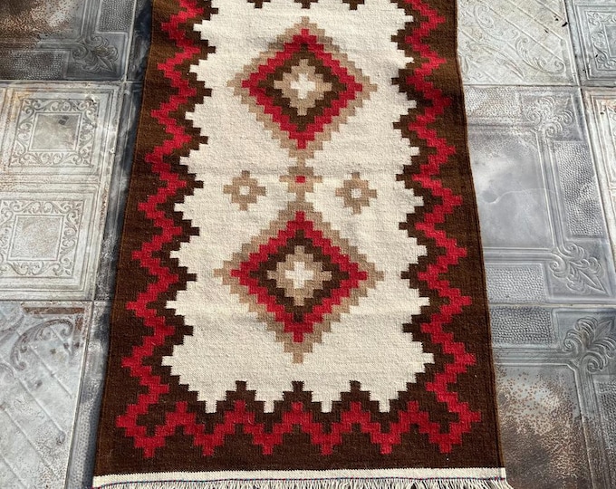 Handwoven Wool Kilim Rug | Vintage Geometric Tribal Carpet | Red Brown Beige | Artisan Bohemian Decor | Traditional Turkish Weaving