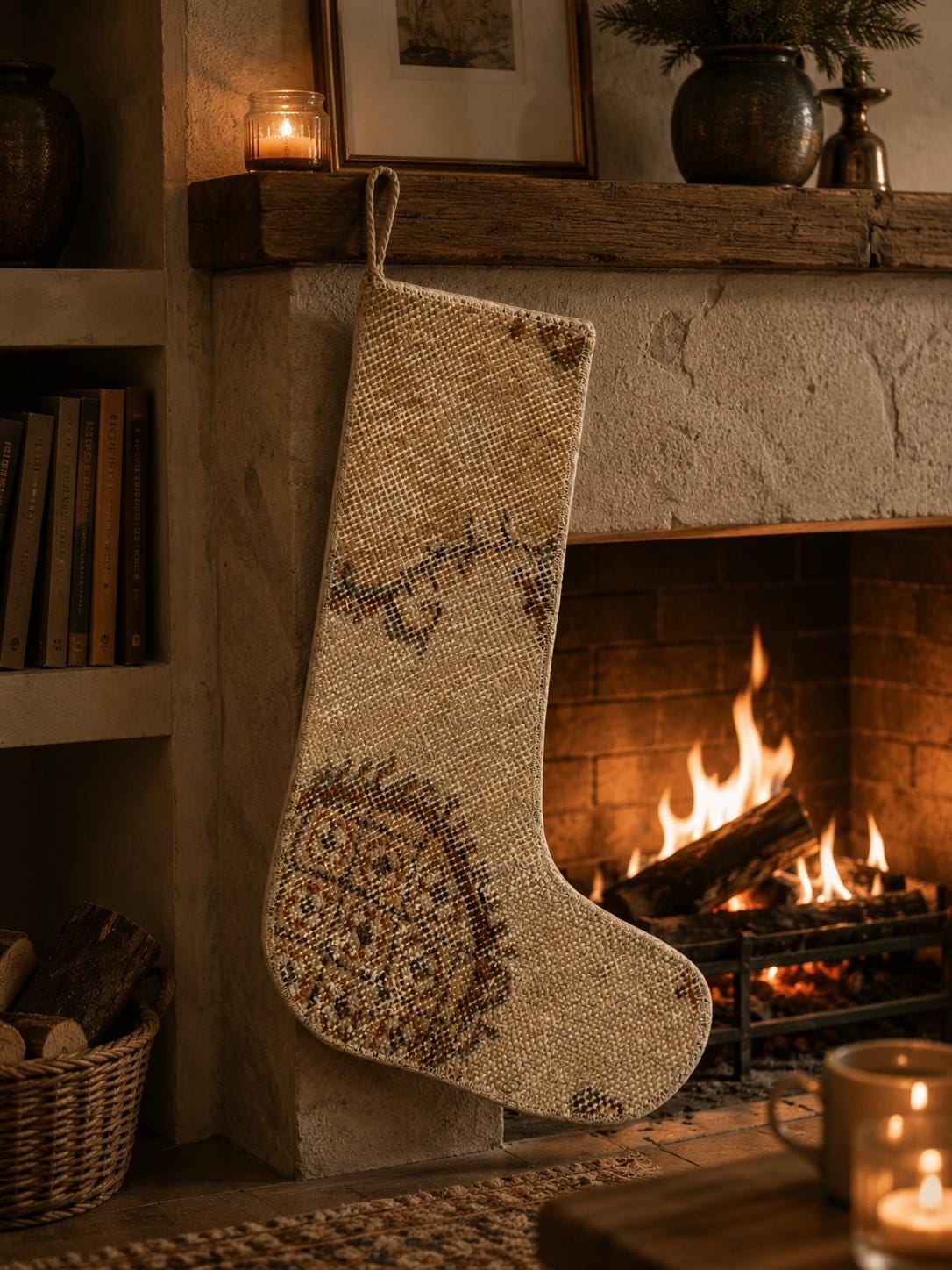Turkish Rug Christmas Stocking, Handmade Vintage Anatolian Wool, Faded Ivory, Boho Rustic Fireplace Decor – view 3