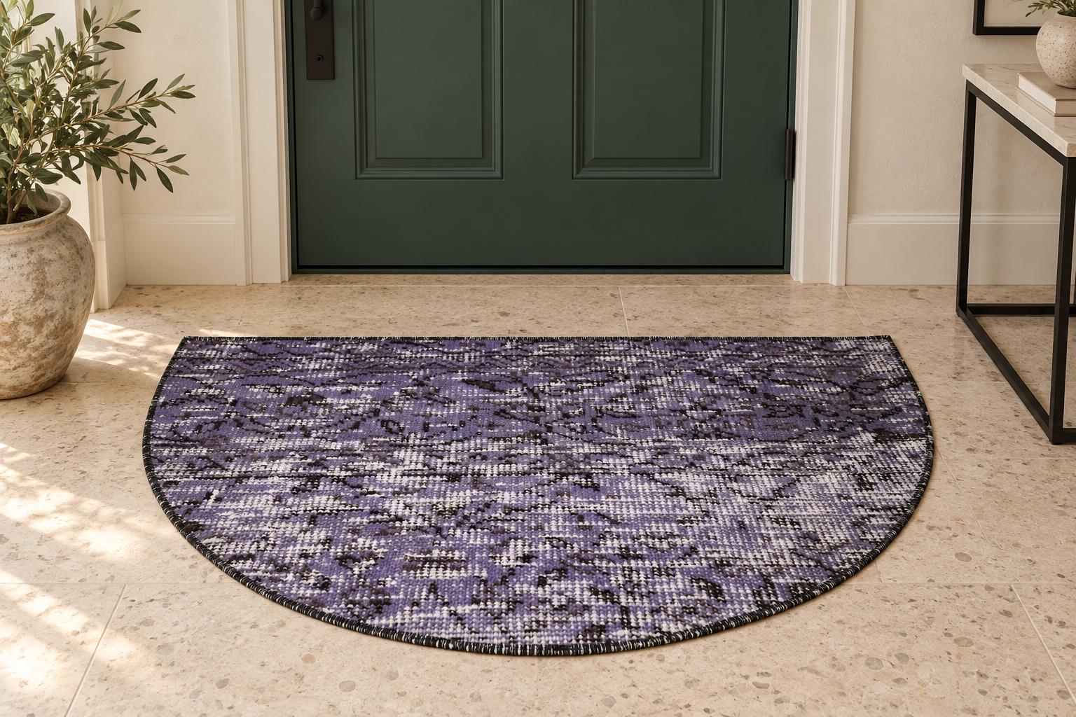 Vintage Turkish Semicircle Rug, Half Moon Doormat, Purple Overdyed, Entryway Rug, 19x33 in