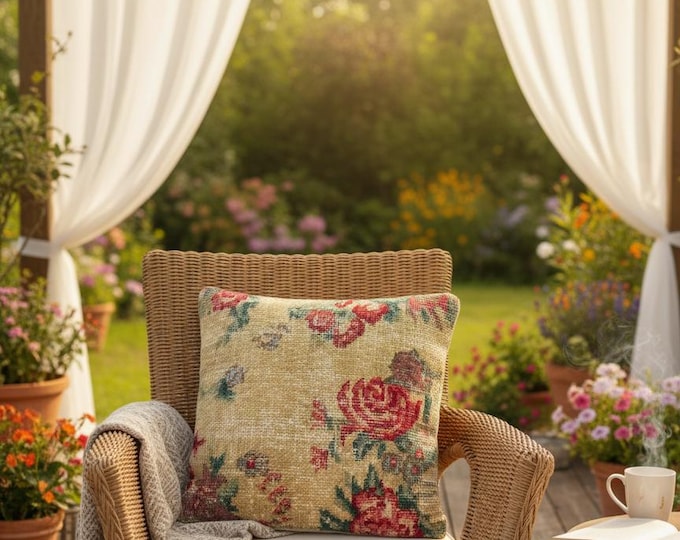 16x16 inch Wool Pillow Cover | Turkish Rug Cushion | Vintage Cottage Farmhouse Decor