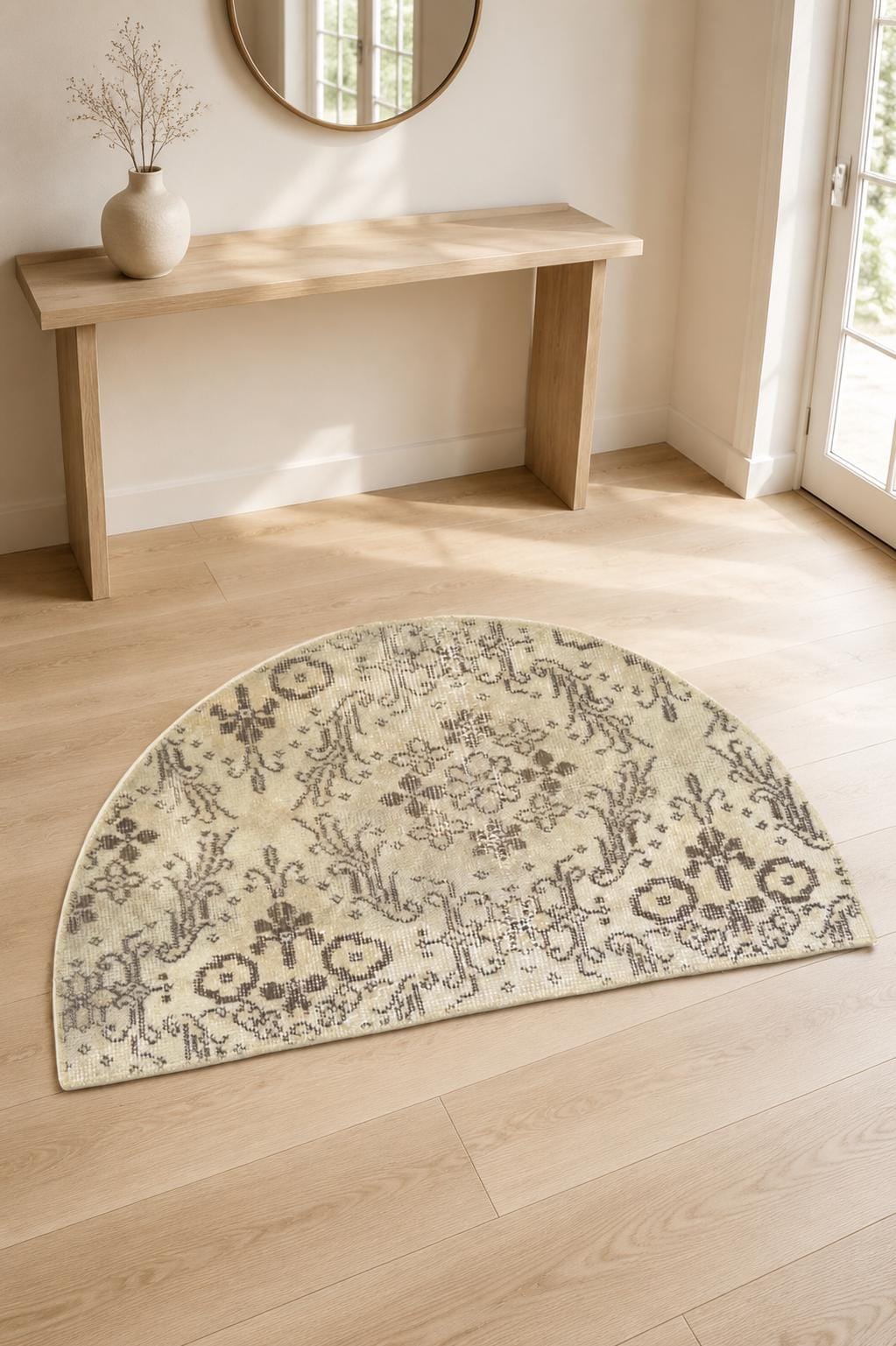 Vintage Turkish Semicircle Rug, Handwoven Wool Ottoman Medallion, Ivory Taupe, 1.6x2.7 ft