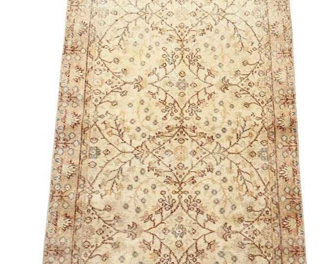 Vintage Wool Hallway Runner with Floral Pattern, Hand Knotted Turkish Rug for Entryway Decor
