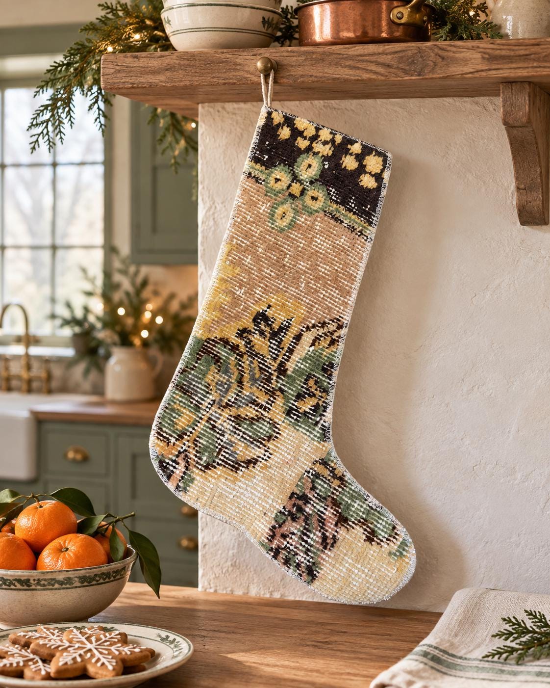 Christmas Stocking, Vintage Turkish Rug, Floral Sage Green Mustard Brown, 17 in in brown, green, sage, right-side pattern detail
